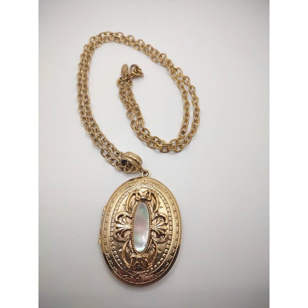 Whiting Davis Necklace Vintage Signed Locket Gold Tone Mother of Pearl 28"